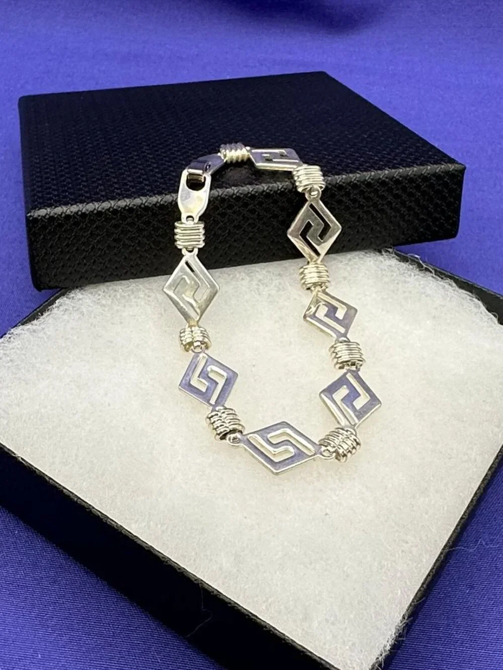 Sterling Silver Rhombus Greek Key Link Bracelet
